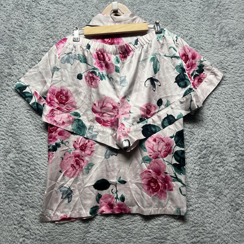 Victorias Secret Pajama Set Womens Medium Pink Floral Rose Butterflies Satin